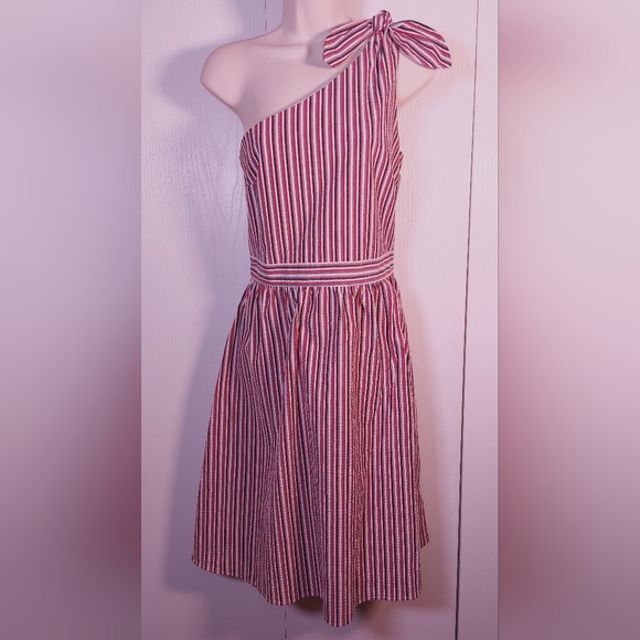 Loft Americana Stripe Seersucker Dress Size 8 One Shoulder Nautical Coastal Chic - Picture 1 of 12